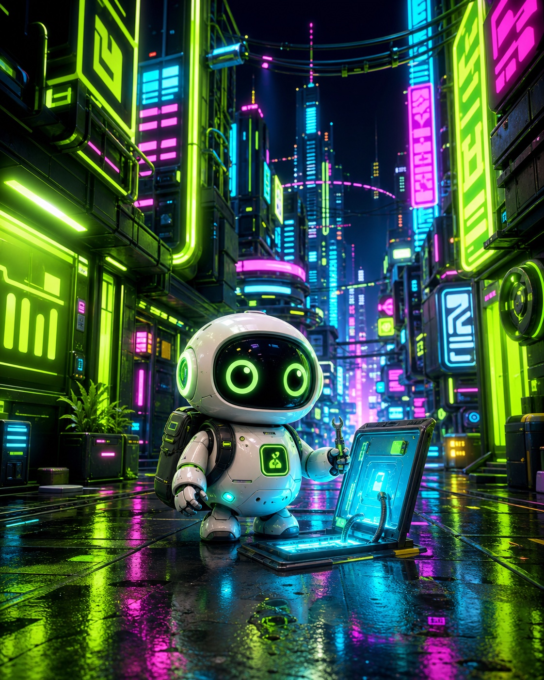 A rounded white repair robot holding a tiny tool beside a cyan maintenance pod in a neon alley.