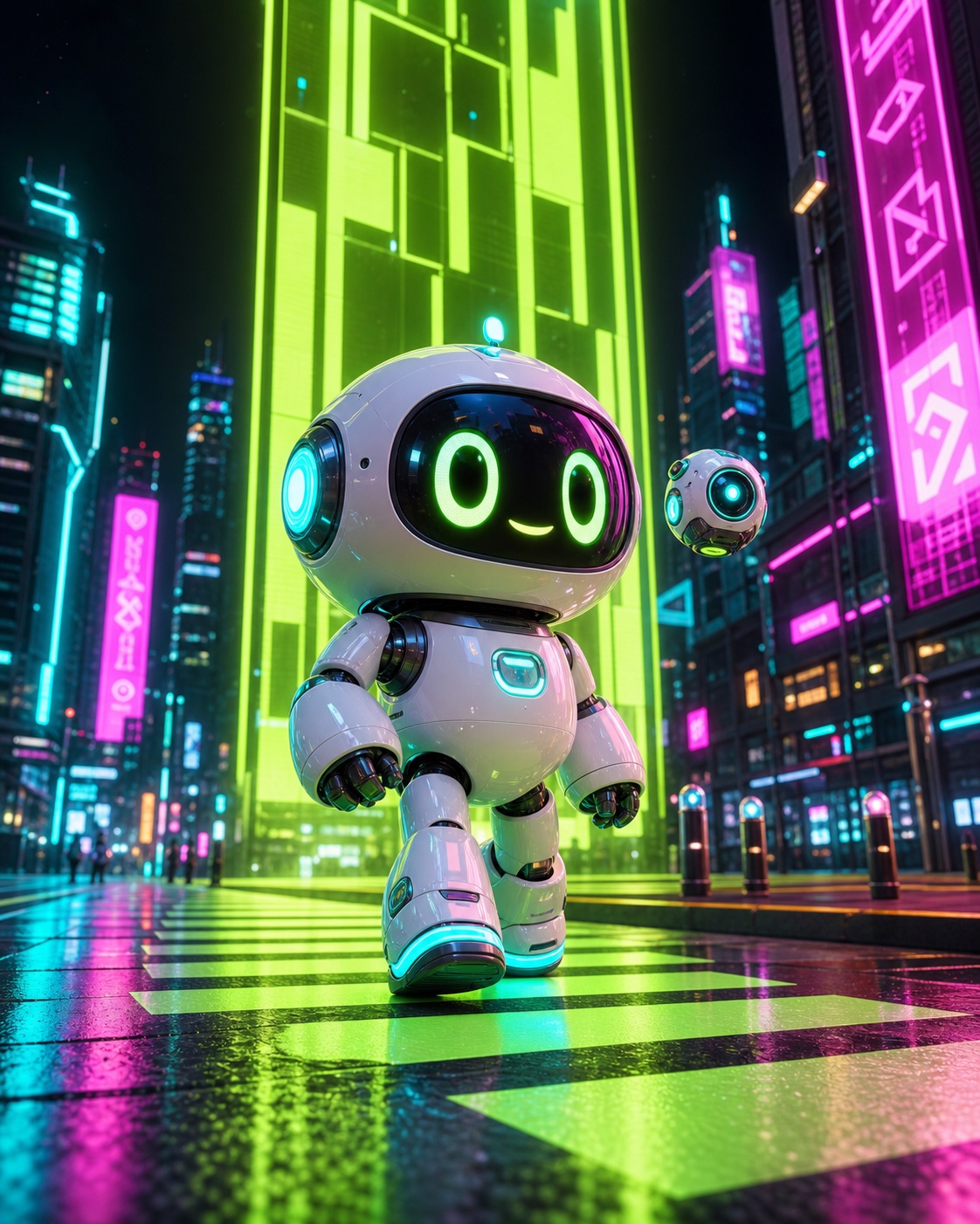 A white explorer robot with a hovering camera drone on a glowing cyberpunk crosswalk.