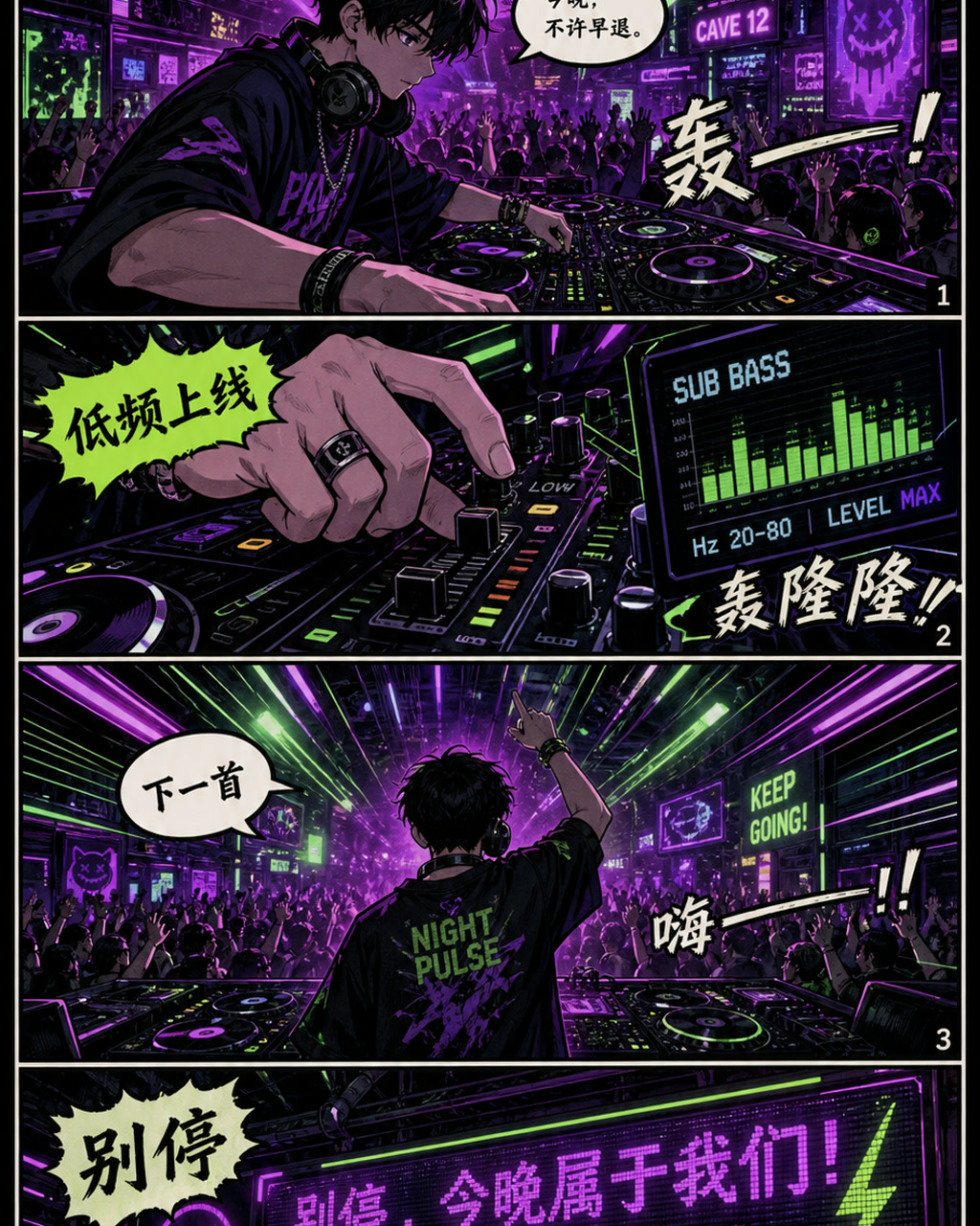 霓虹夜店漫画 DJ 台，原创漫画风格样本，包含清晰漫画版式、角色动作和可见中文标题。
