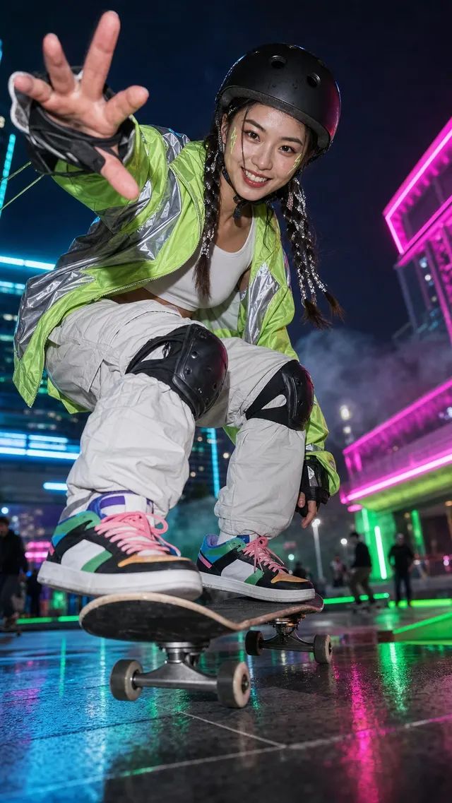 An energetic adult East Asian woman in a distinctive skateboarding portrait.