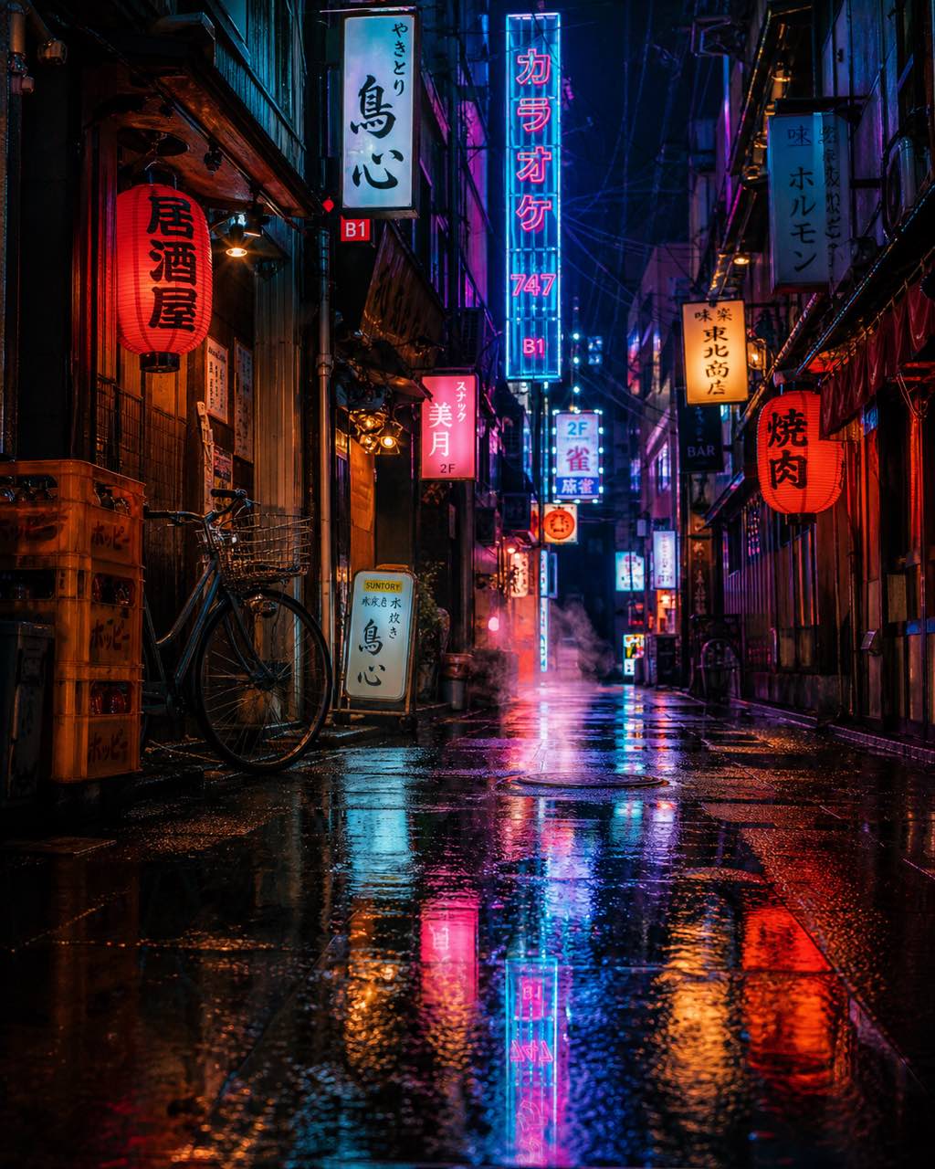 雨后夜晚霓虹东京窄巷，石板地映出彩色倒影，自行车与纸灯笼清晰可见，无人，深靛蓝洋红色调。