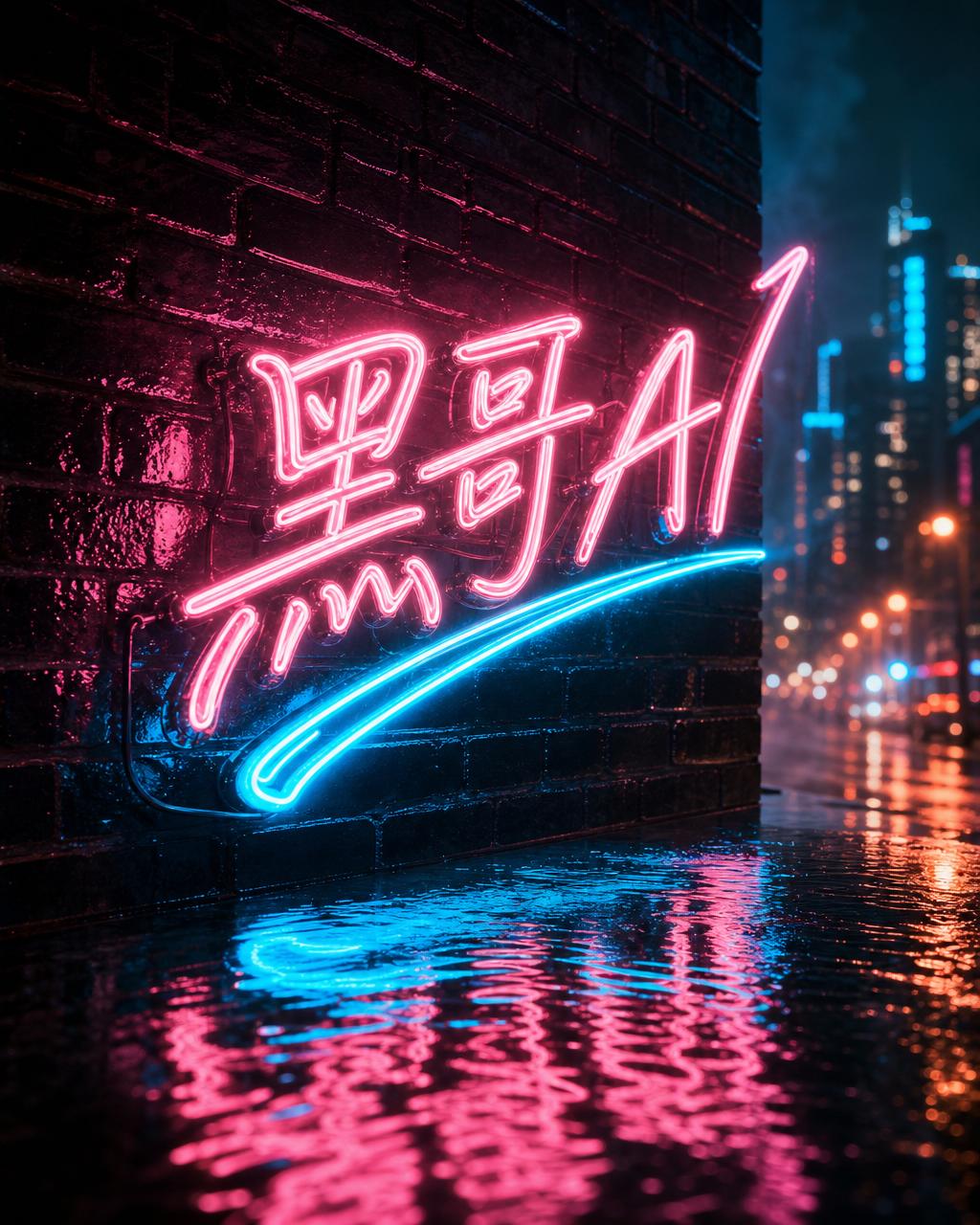 单词 DINER 以玫瑰粉与电蓝霓虹连写体呈现，雨夜湿砖背景