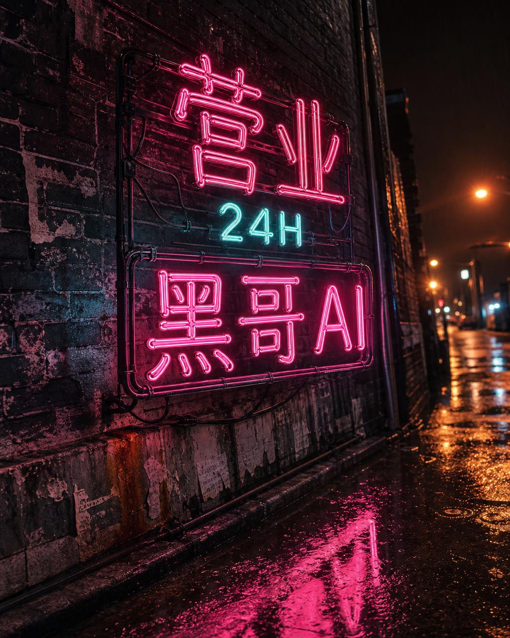 粉色与青色霓虹灯管招牌 OPEN 24H 立在雨夜砖墙前
