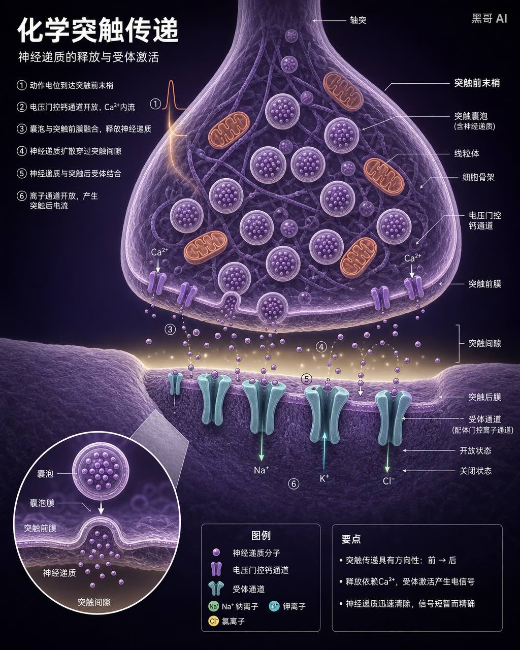 化学突触横截面：突触前淡紫色囊泡与橙色线粒体、淡黄突触间隙、突触后青绿受体通道，科学标注清晰。
