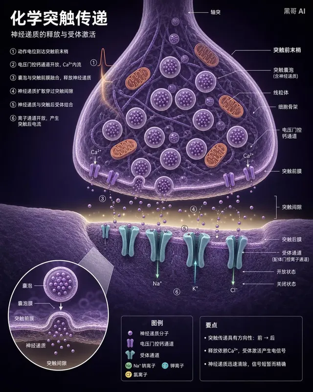 Close-up cross-section of a chemical synapse showing lavender vesicles in the presynaptic terminal, a pale yellow synaptic cleft with neurotransmitters, and teal receptor channels in the postsynaptic membrane.