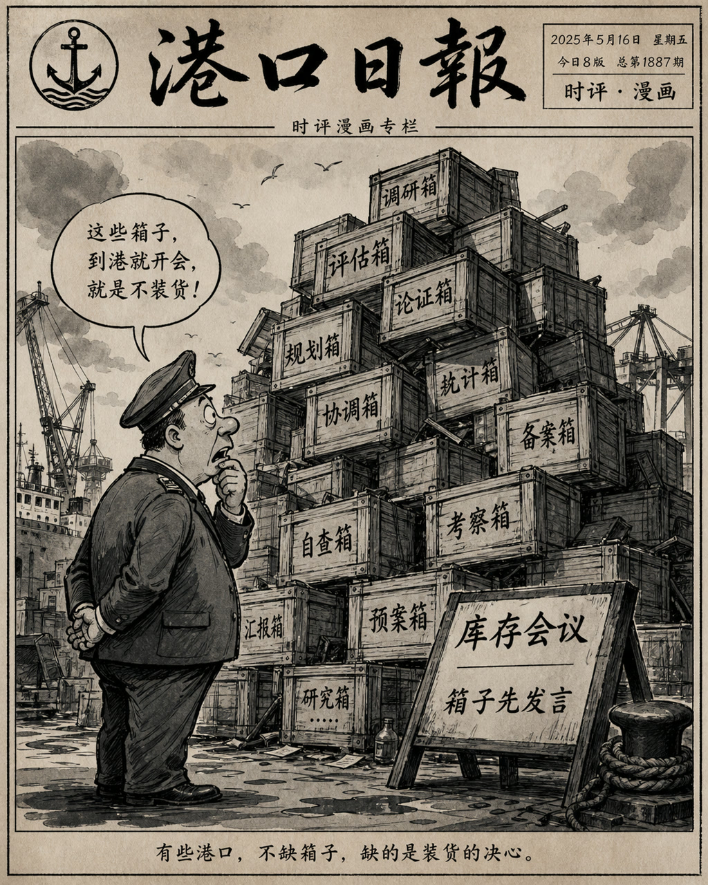 报刊讽刺港口漫画，原创漫画风格样本，包含清晰漫画版式、角色动作和可见中文标题。