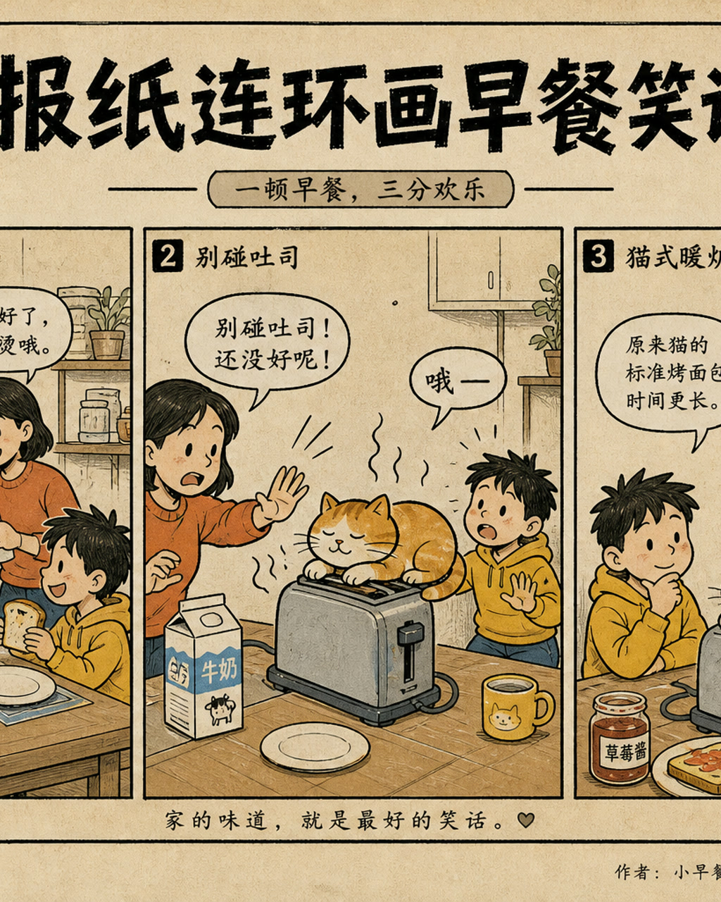 报纸连环画早餐笑话，原创漫画风格样本，包含清晰漫画版式、角色动作和可见中文标题。