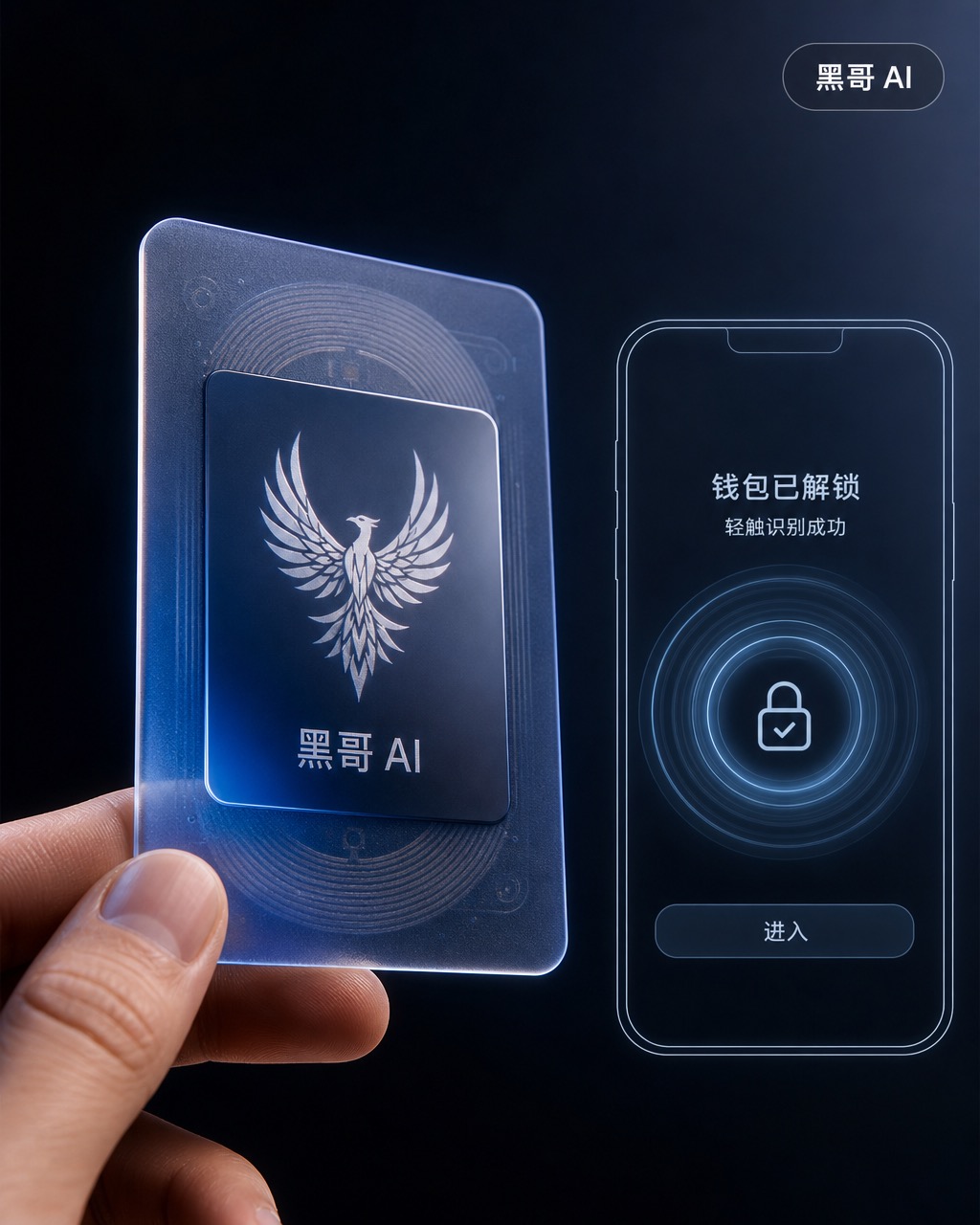 磨砂聚碳酸酯 NFC 交换卡，几何凤凰头像，靛蓝背景，旁边浮现手机解锁 UI 线框图