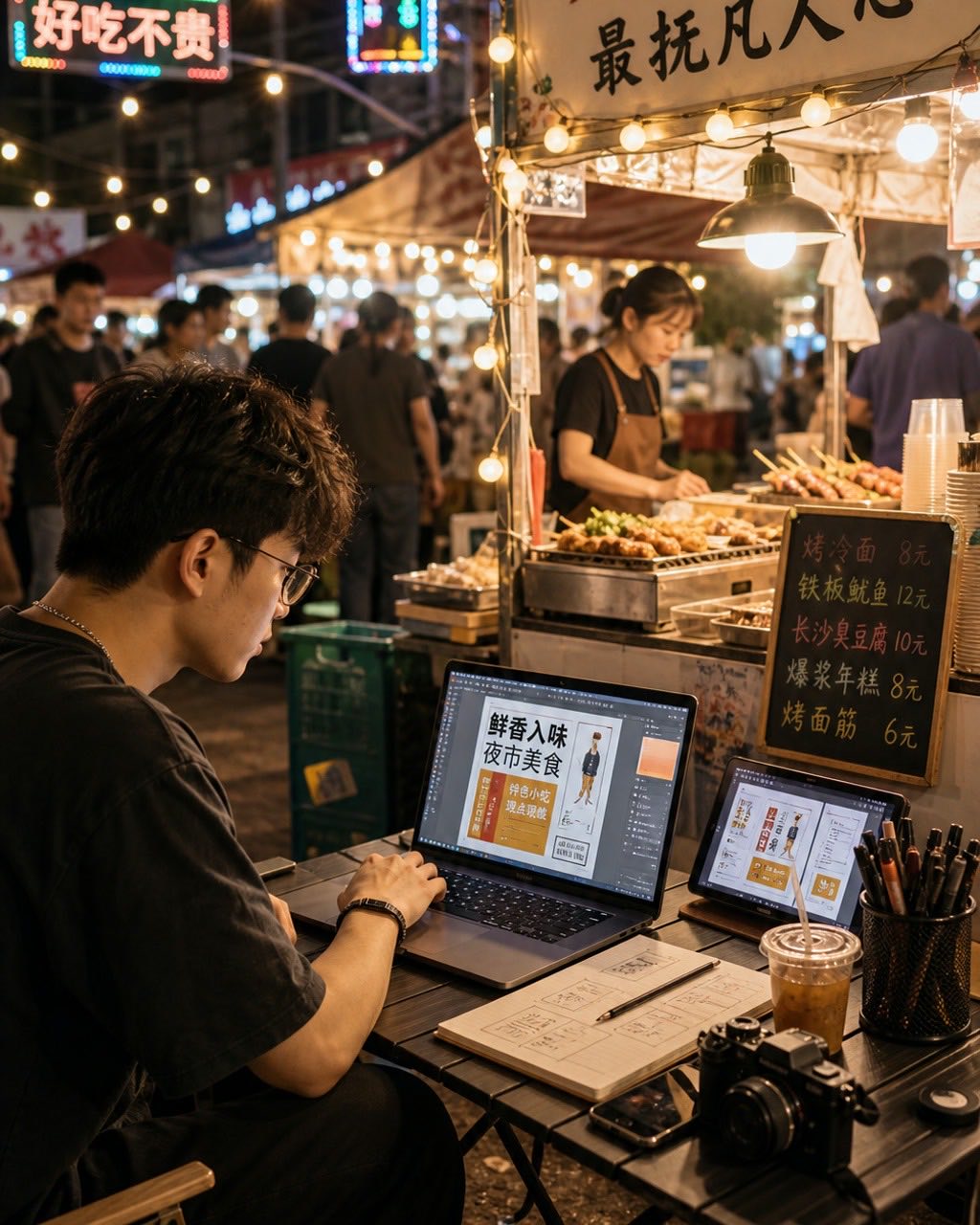 夜市摊边调试海报的设计师案例图，热闹夜市边，一位独立设计师坐在折叠桌前用笔记本调整品牌海报排版，旁边摊主摆放小吃和灯串，屏幕只显示抽象版式与中文占位块。