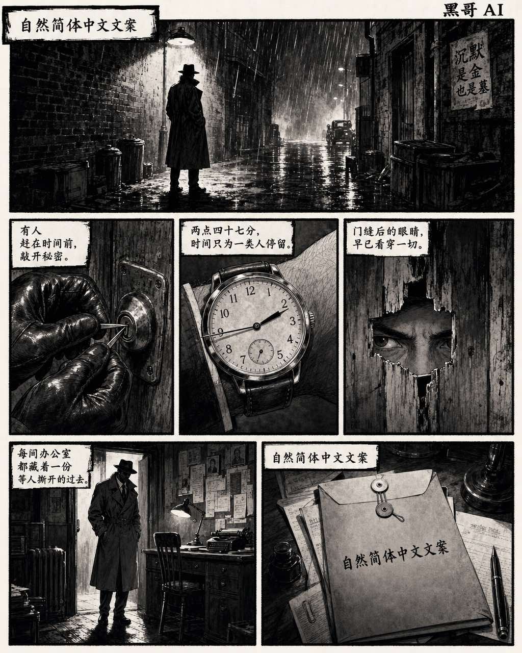 黑色电影风格漫画内页六格排版，黑墨水洗灰调，雨夜侦探场景与机密档案揭示。