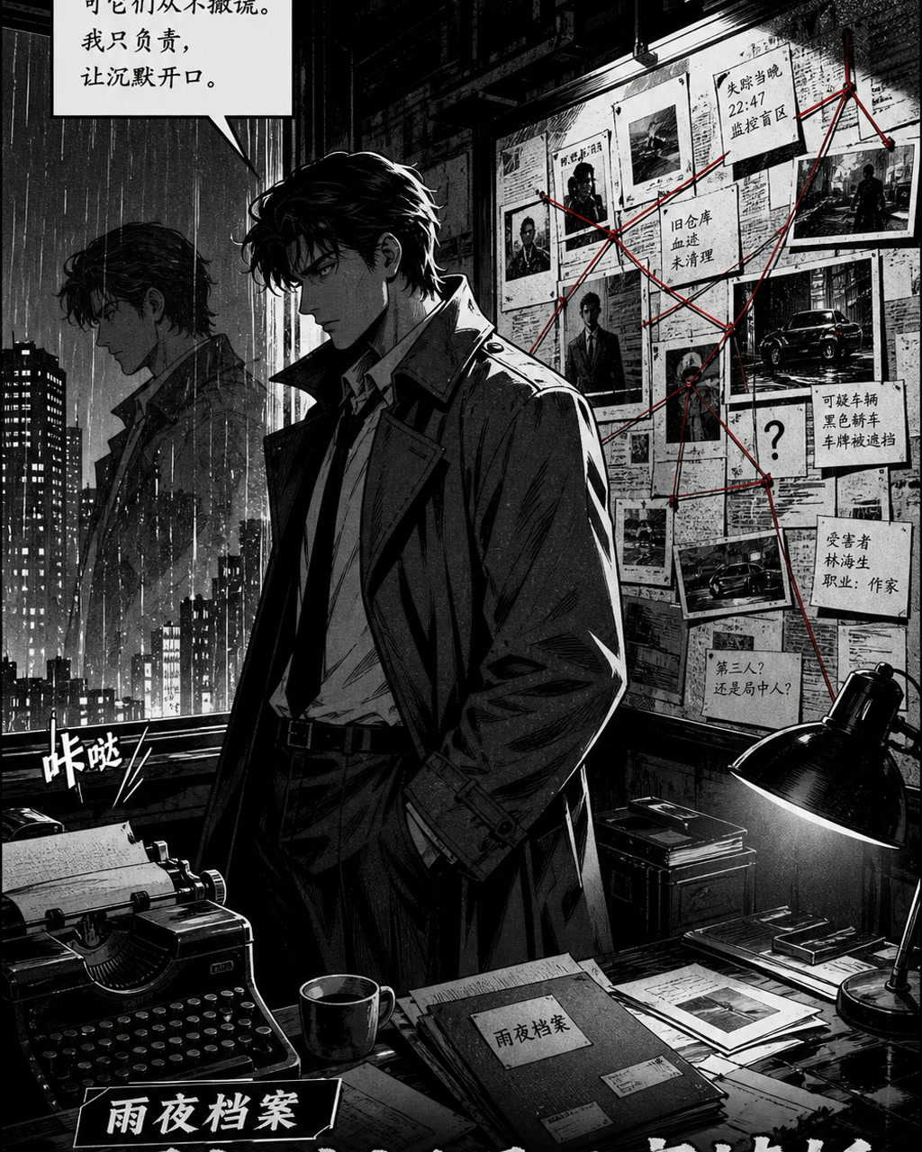 黑色侦探漫画案情板，原创漫画风格样本，包含清晰漫画版式、角色动作和可见中文标题。