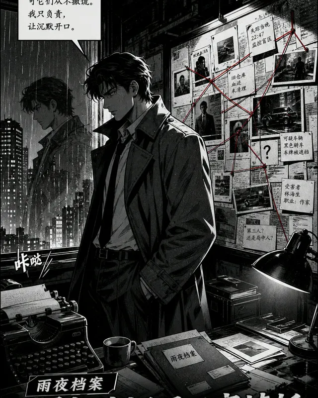 Noir Detective Manga Caseboard, an original comic style sample with visible layout, character action, and readable lettering.