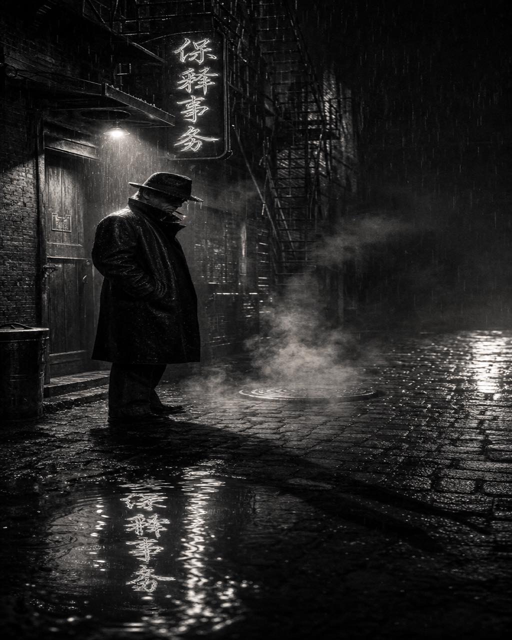 黑白黑色电影场景：穿风衣的侦探站在雨夜砖巷的裸灯泡下，水洼中倒映着 BAIL BONDS 霓虹招牌。