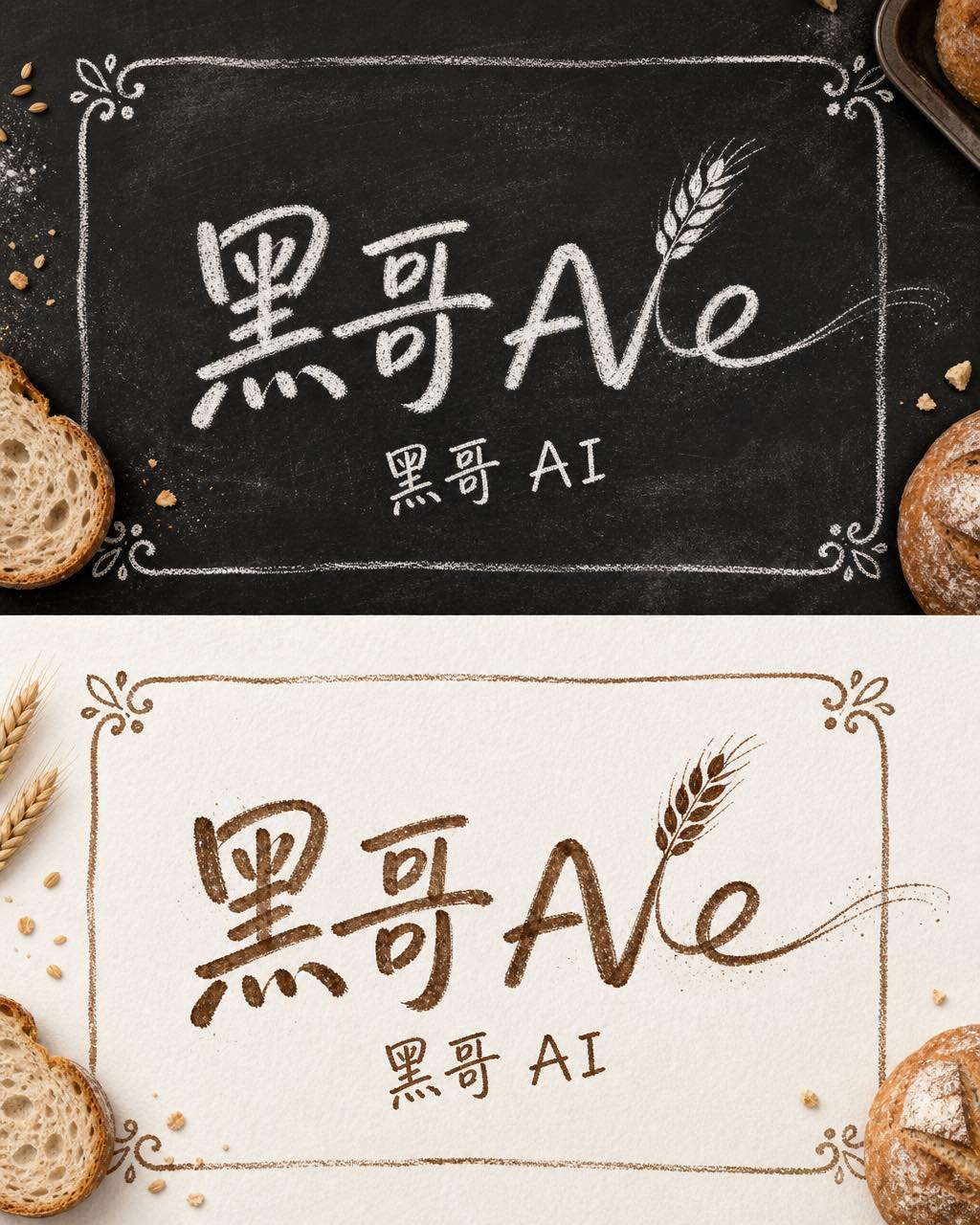 Northside Bake 黑板粉笔手写体品牌识别，麦穗卷曲上升笔画，粉笔矩形边框，附暖棕纸张反色版。