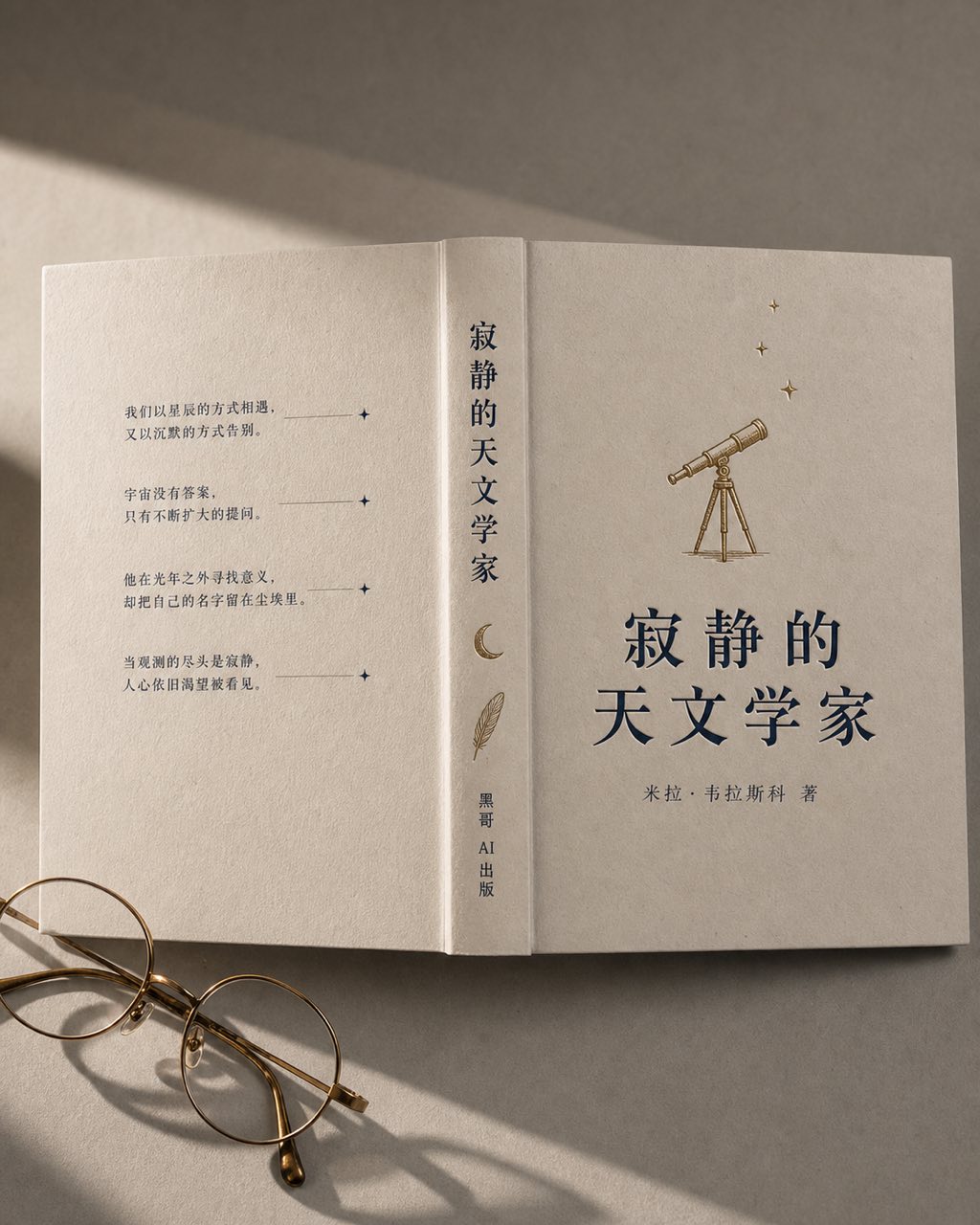 奶油色精装小说平铺特写，深蓝衬线标题 'THE QUIET ASTRONOMER' 与黄铜望远镜插图，护封展开露出书脊和封底文字。
