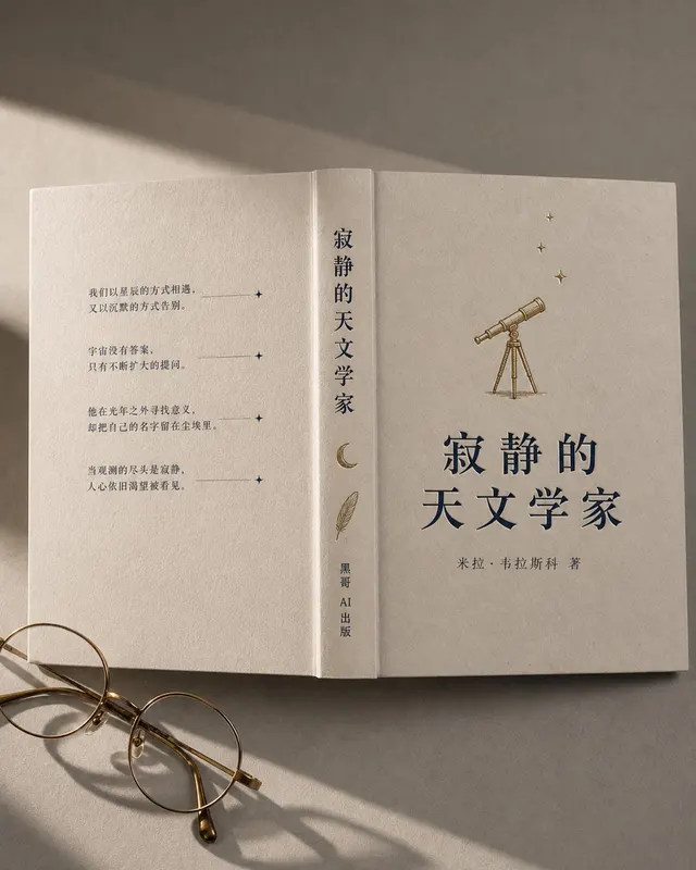奶油色精装小说平铺特写,深蓝衬线标题 'THE QUIET ASTRONOMER' 与黄铜望远镜插图,护封展开露出书脊和封底文字。