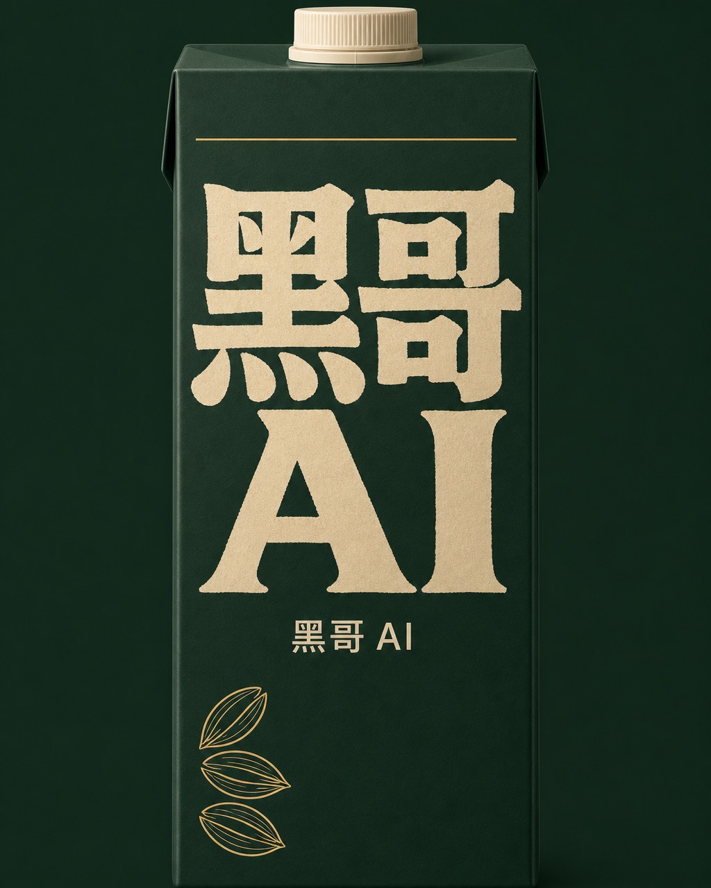 Calm Grain 燕麦奶 1 升利乐砖标签，深森林绿底燕麦米色粗板衬线大字标，附幽默短句和简约燕麦粒轮廓图。