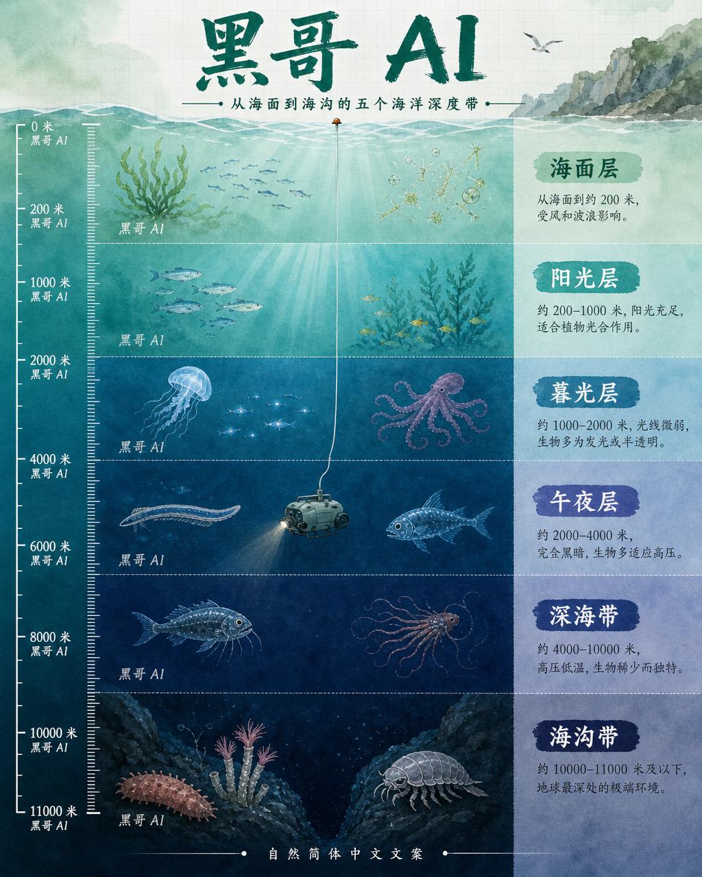竖版信息图展示五个海洋深度带，含米制刻度、参考深度与正确深度的生物剪影。