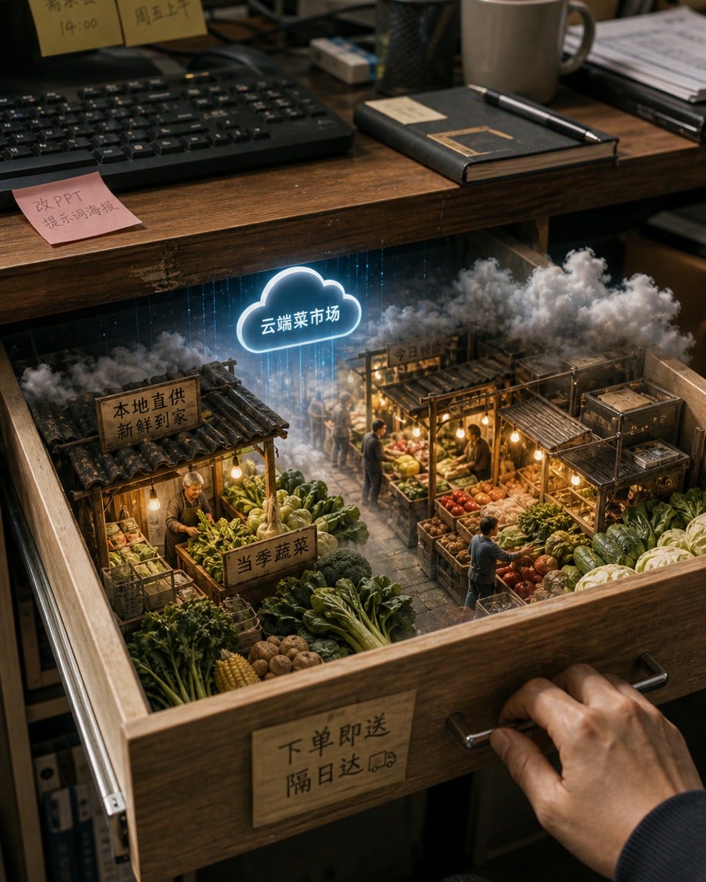 办公桌抽屉里的云端菜市场案例图，普通办公桌抽屉打开后连接到云端菜市场，微型摊位、蔬菜和雾气从抽屉里延伸出来，周围键盘和便利贴真实。