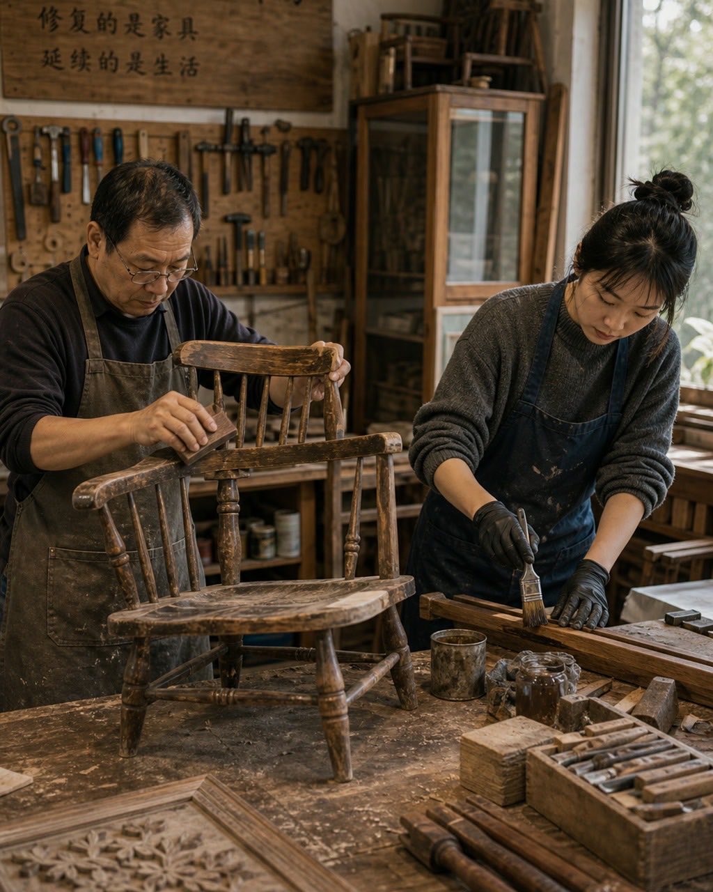旧家具修复工作坊案例图，旧家具修复工坊，木匠打磨一把老椅子，旁边年轻学员刷油，木纹、灰尘和自然光真实可见。