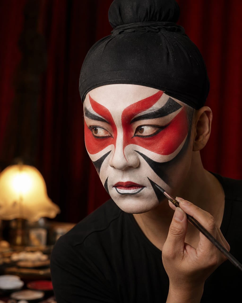 戏曲演员妆容人像：一位戏曲演员坐在镜前整理头饰，脸上是精致舞台妆，眼神看向镜中自己，后台化妆间，镜灯、服装纹理和头饰细节清楚，但不要出现可读海报文字。