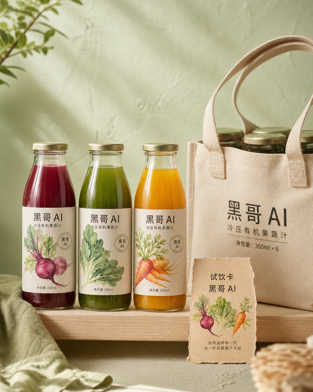 白蜡木搁板上三瓶玻璃果蔬汁配水彩标签，旁有试饮卡与帆布提袋。