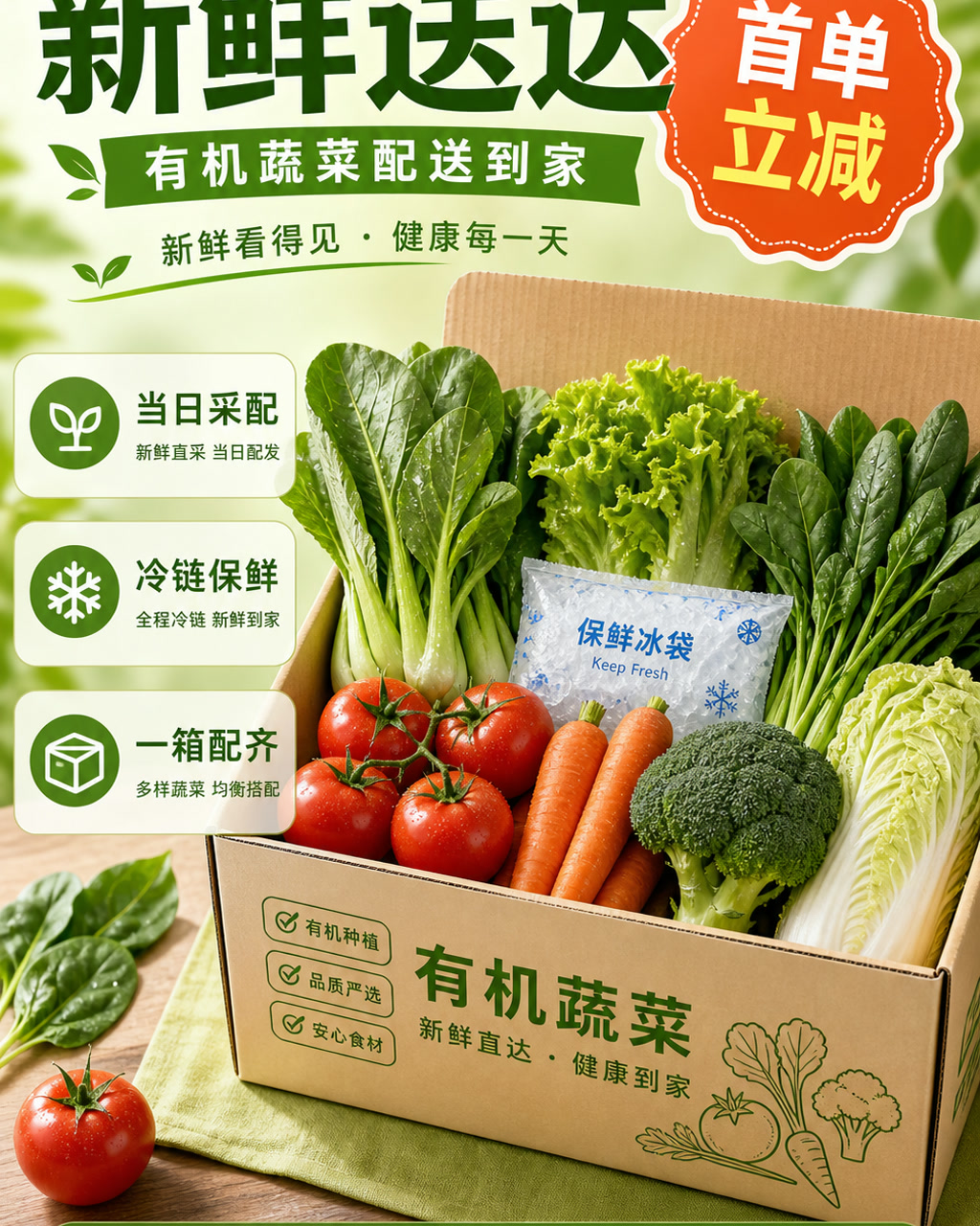 有机蔬菜配送图，主文案为「新鲜送达」，卖点为「当日采配、冷链保鲜、一箱配齐」。