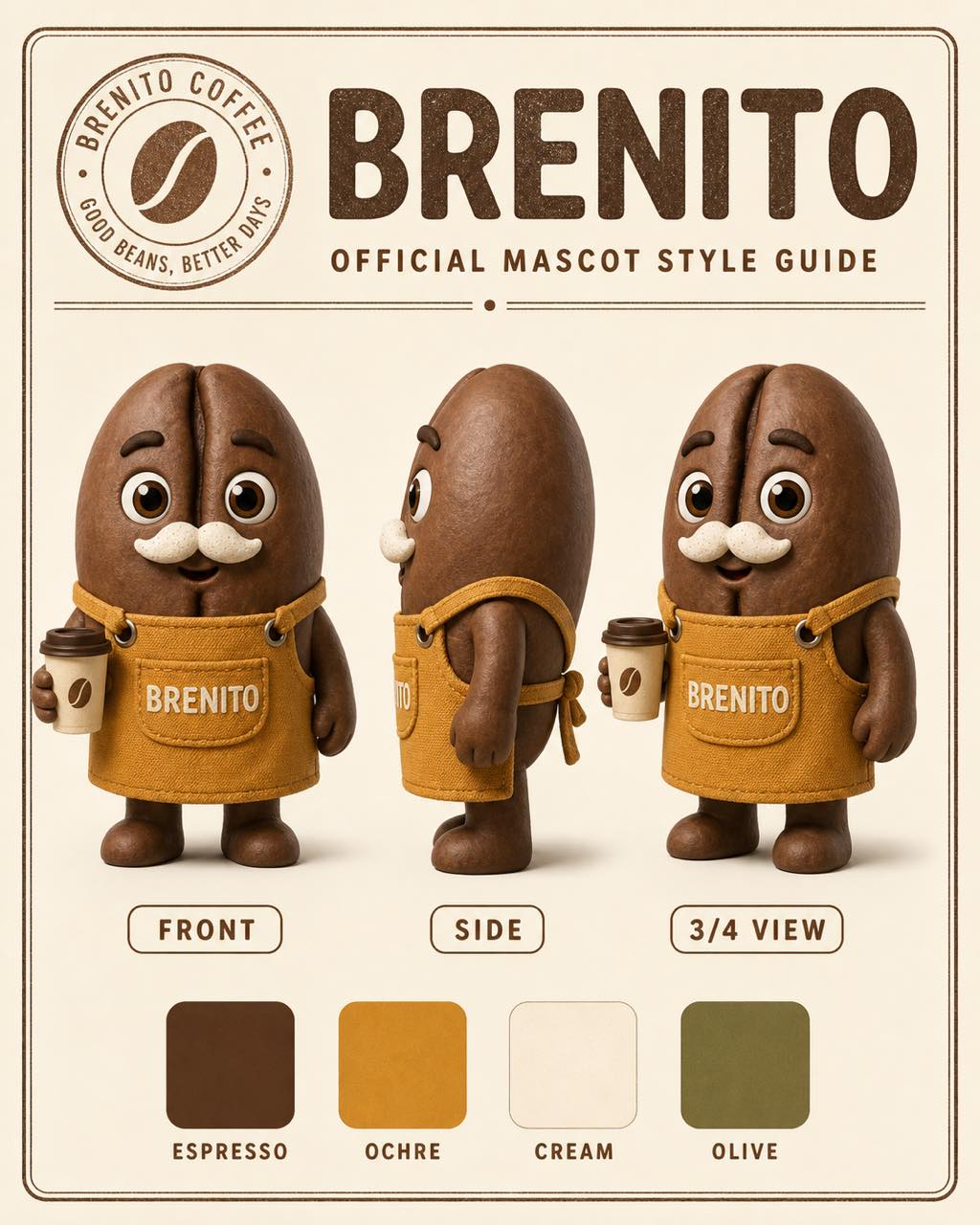 BRENITO 品牌吉祥物展示页，3D 拟人咖啡豆穿赭黄围裙，正面、侧面、四分之三视角，奶油背景配色卡。