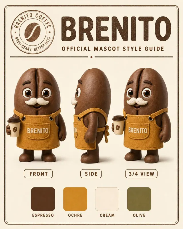 BRENITO 品牌吉祥物展示页,3D 拟人咖啡豆穿赭黄围裙,正面、侧面、四分之三视角,奶油背景配色卡。