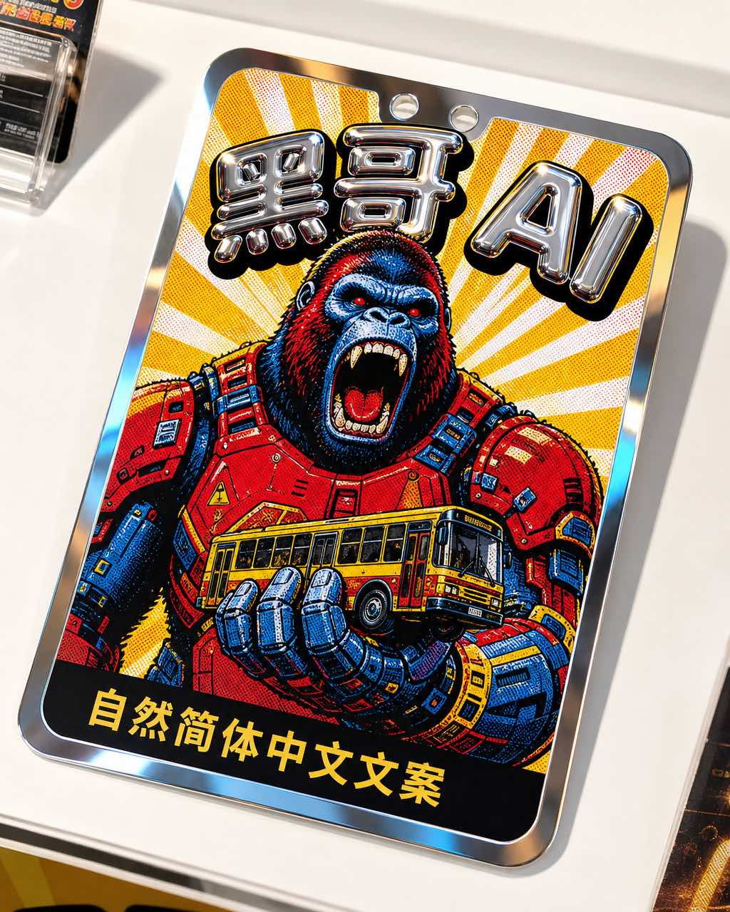 5×7 英寸镀铬边框超大促销卡，波普艺术半调机器大猩猩插图，镀铬气球字标题，白色展台投影