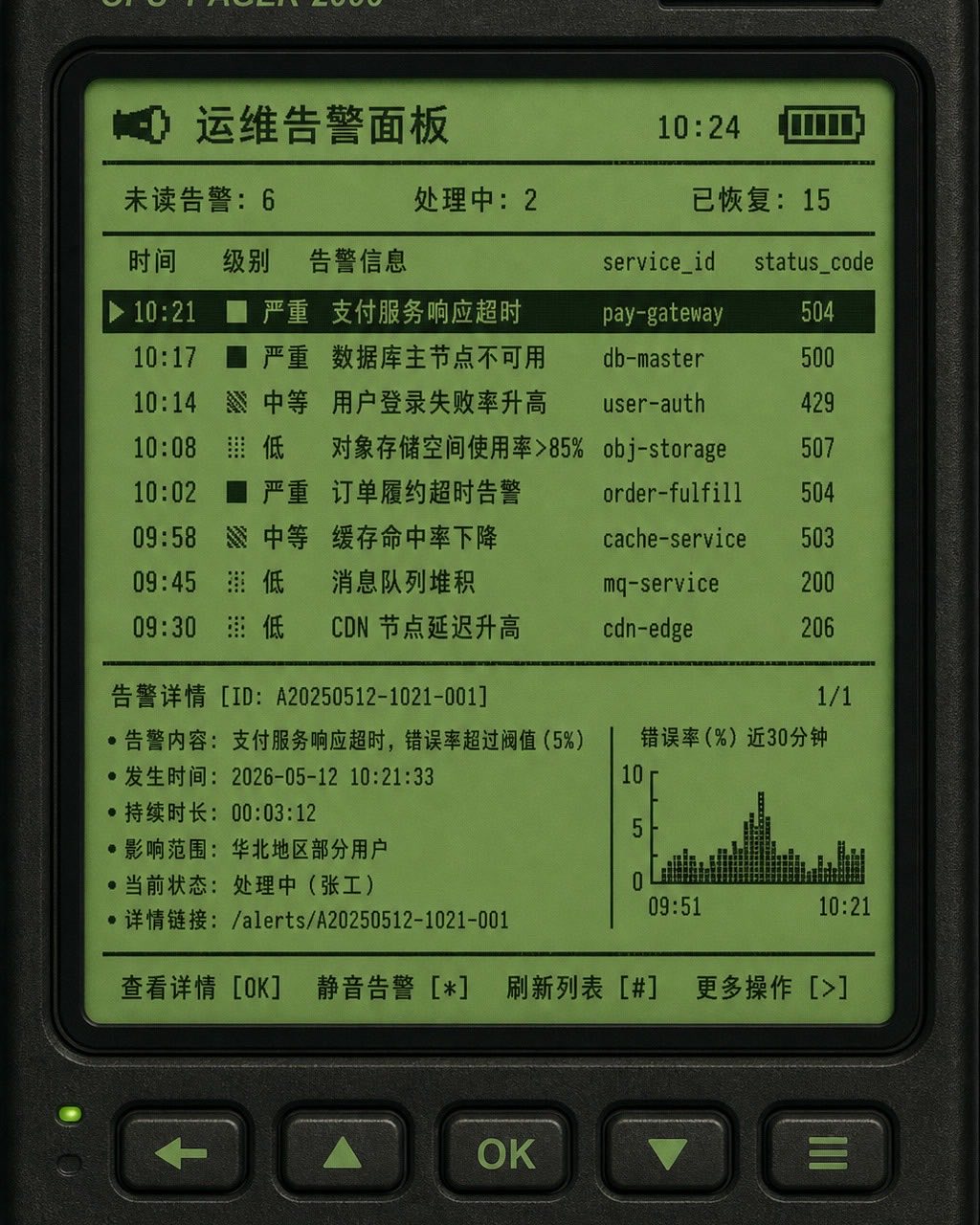 寻呼机风运维告警面板案例图，运维告警面板像老式寻呼机屏幕，绿色单色 LCD、中文告警列表、英文 service_id 和 status_code，布局清晰专业。