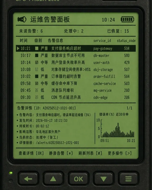 寻呼机风运维告警面板案例图,运维告警面板像老式寻呼机屏幕,绿色单色 LCD、中文告警列表、英文 service_id 和 status_code,布局清晰专业。