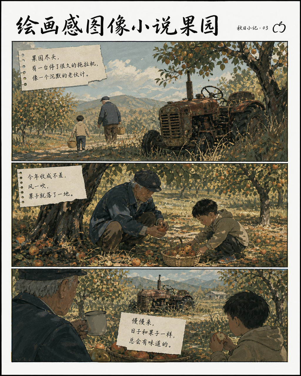绘画感图像小说果园，原创漫画风格样本，包含清晰漫画版式、角色动作和可见中文标题。