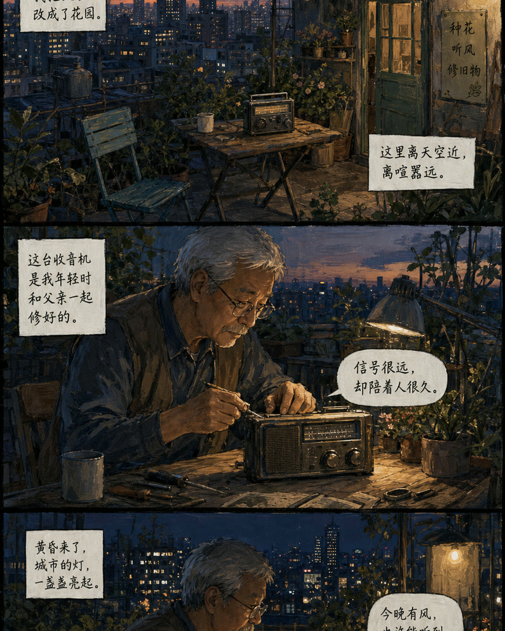 厚涂图像小说屋顶花园，原创漫画风格样本，包含清晰漫画版式、角色动作和可见中文标题。