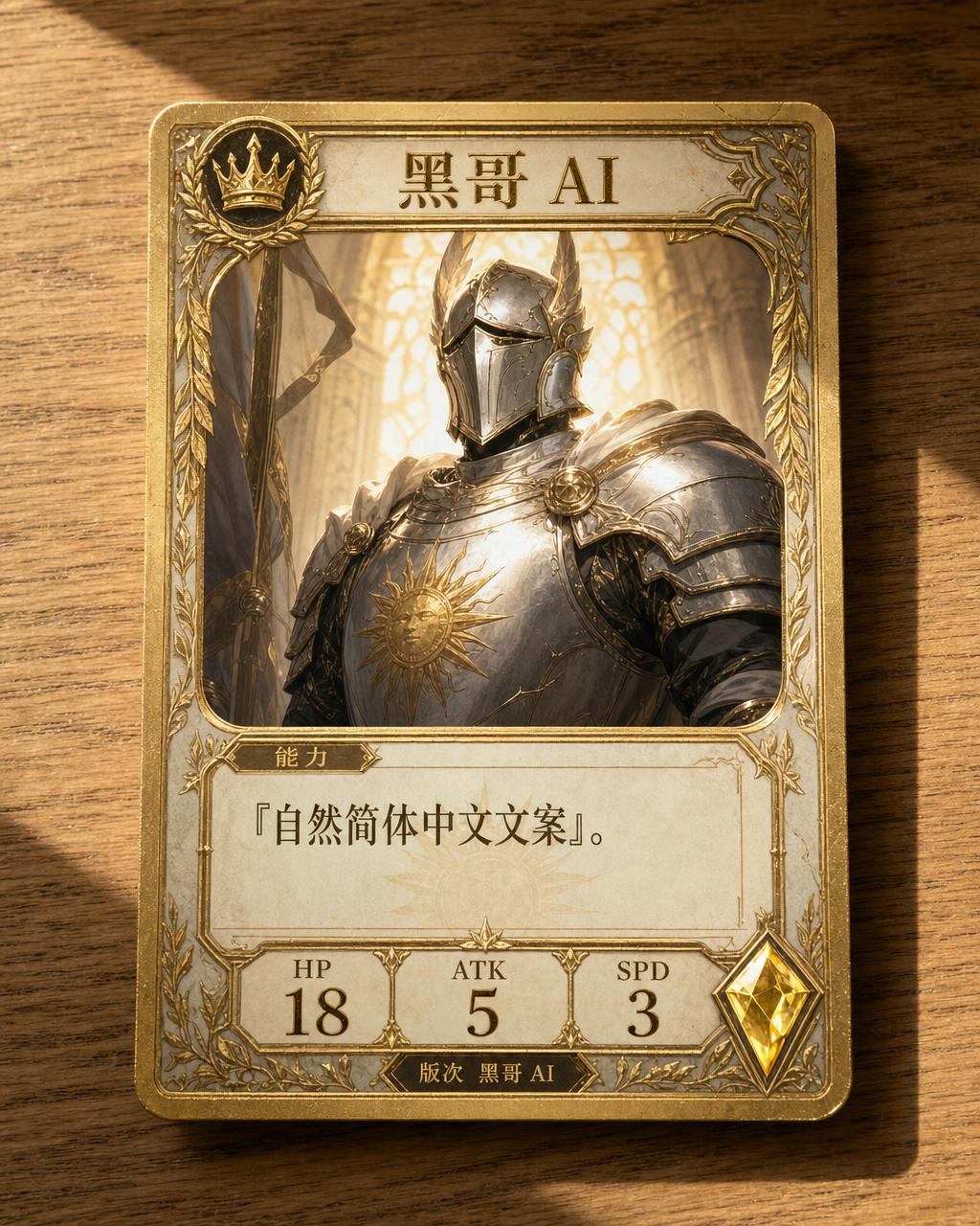 名为 Solenne Dawnblade 的 TCG 英雄卡，圣骑士装甲肖像，金色边框，生命值与攻击数值。