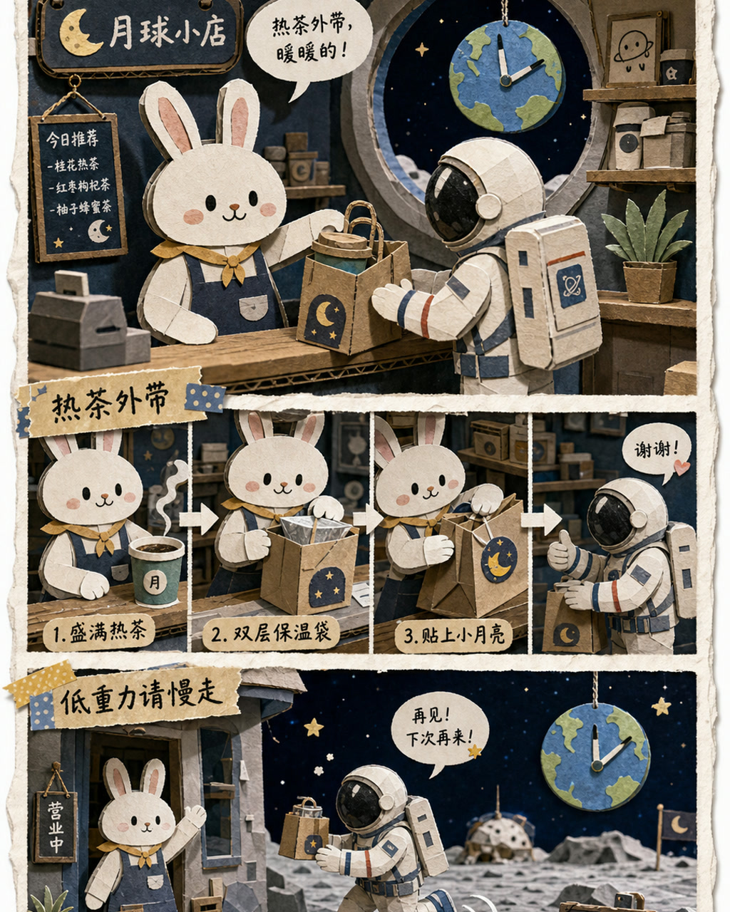 纸雕拼贴月球小店漫画，原创漫画风格样本，包含清晰漫画版式、角色动作和可见中文标题。