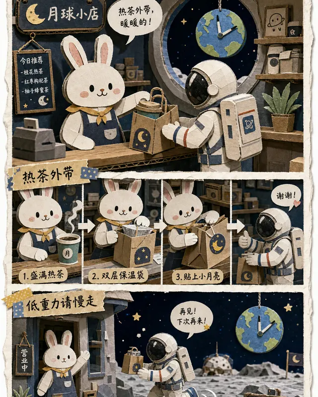 Paper Cut Collage Comic Lunar Shop, an original comic style sample with visible layout, character action, and readable lettering.