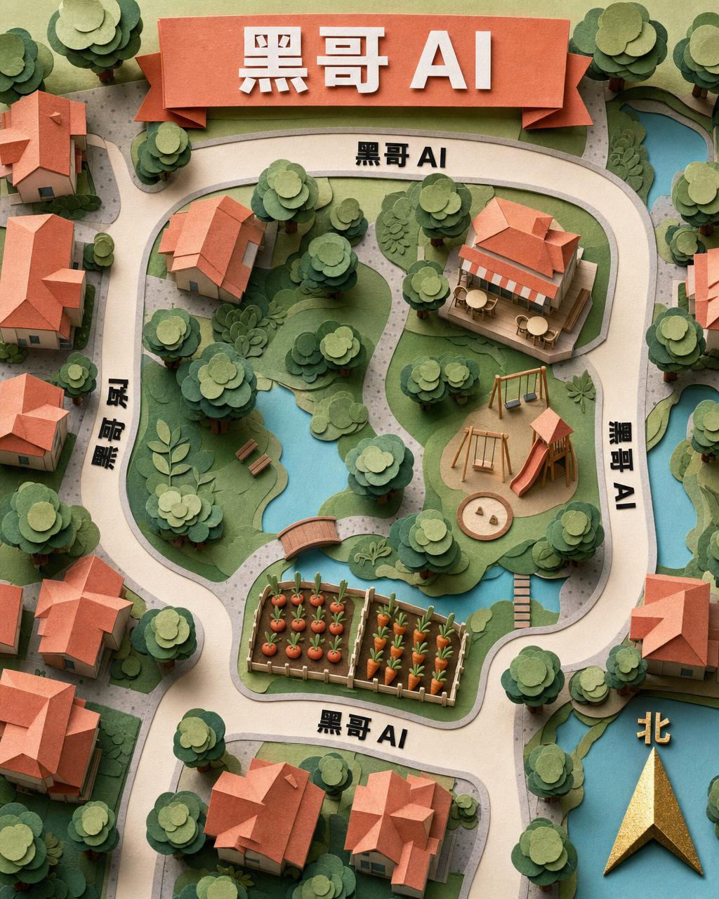 层叠剪纸社区地图俯拍：珊瑚屋顶、绿色公园、金箔指北箭头。