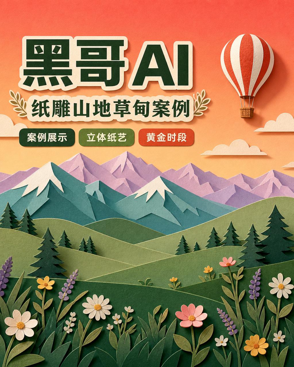 五层叠叠绿色到薰衣草色渐变山地草甸纸雕立体模型，桃色天空中漂浮糖果条纹热气球。