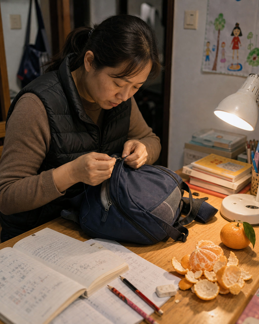 家长修书包拉链案例图，餐桌边，一位家长用针线修孩子书包拉链，旁边是作业本、橘子皮和台灯，家庭生活纪实。
