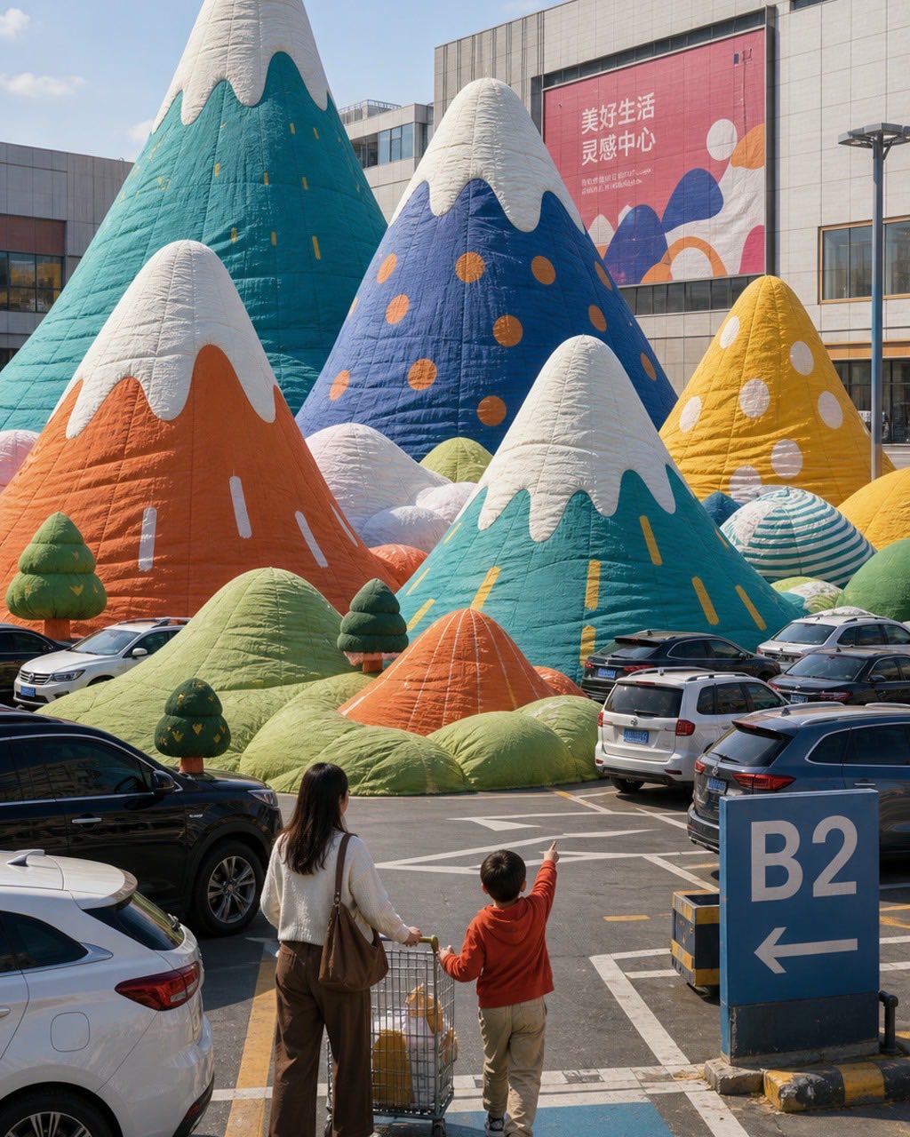 停车场充气山脉案例图，商场停车场中间升起柔软充气山脉，车辆和购物者比例真实，材质像巨型织物玩具，白天高饱和。