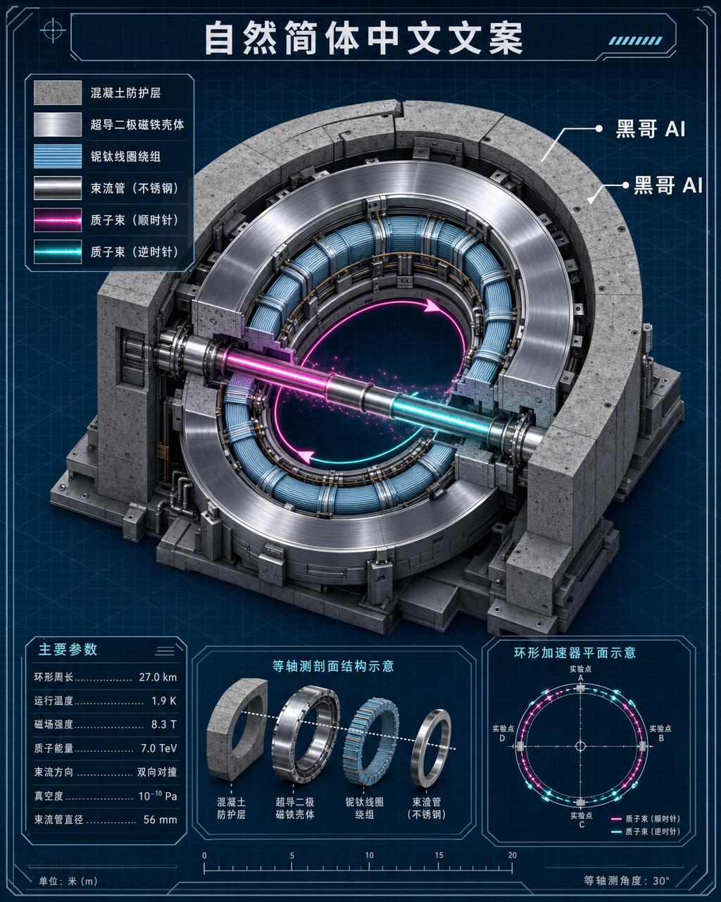 LHC 型二极磁铁等轴测截面图，展示混凝土防护、超导线圈、束流管与反向质子束