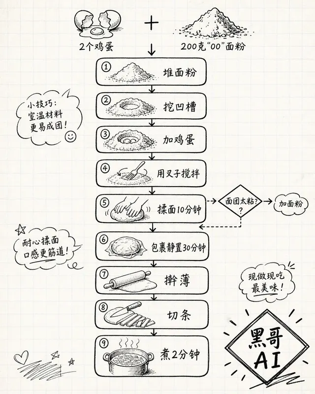Hand-drawn whiteboard flowchart showing nine steps to make fresh pasta with sketched node illustrations and handwritten annotations