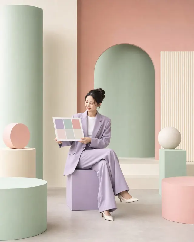 粉彩色块棚拍人像:一位短发模特穿浅绿色外套和白色内搭,姿态轻松,正视镜头,粉蓝与奶油黄拼接的几何色块背景,构图干净平面化。