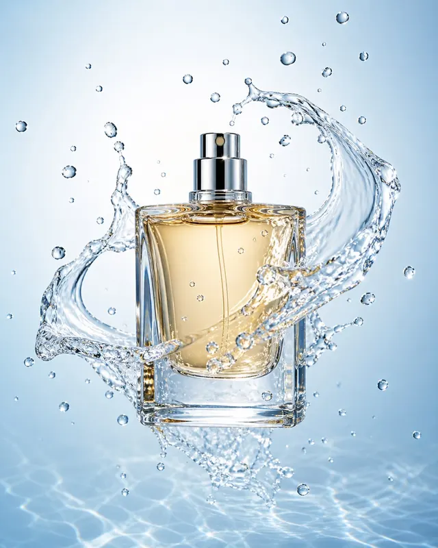 Cobalt-blue rectangular perfume bottle piercing a water surface with a symmetrical splash crown, backlit on dark navy background.