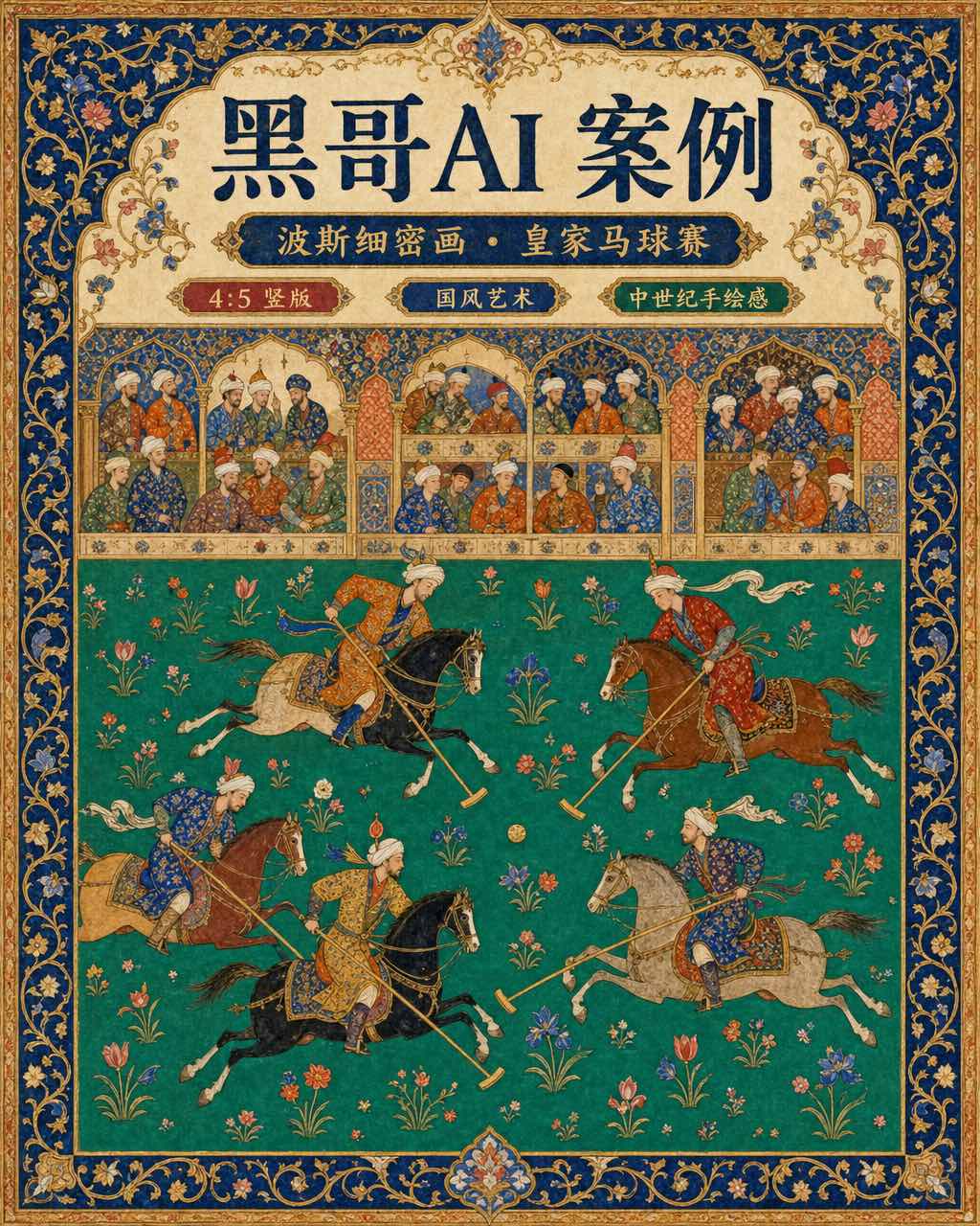 波斯帖木儿-萨法维细密画，孔雀绿马球场，腾空飞奔坐骑，丝袍骑手，金色藤蔓卷轴边框。