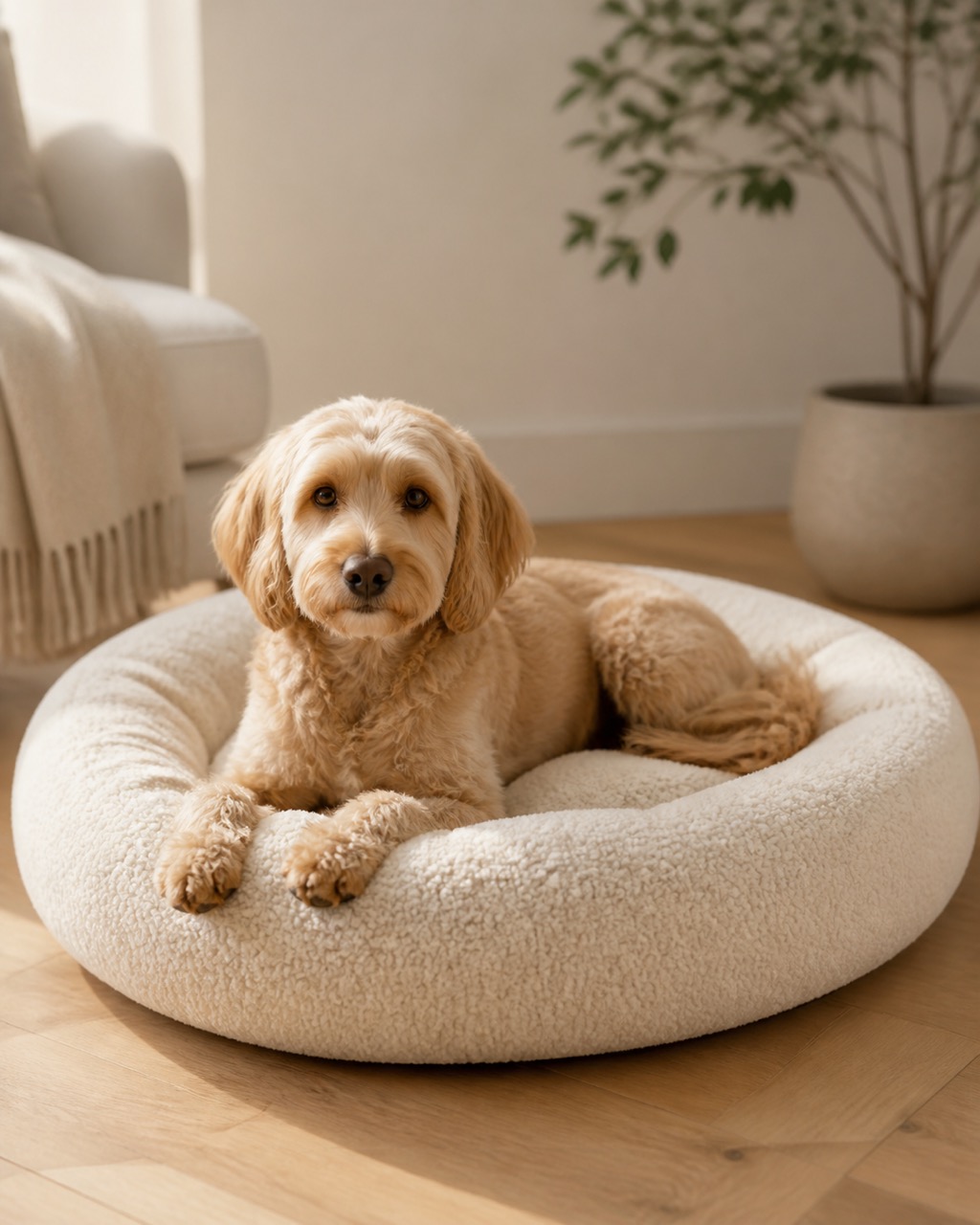 金毛寻回犬幼犬蜷缩在燕麦色布克莱圆形宠物床上，置于剑麻地毯，暖午后光线，柔和望向镜头。