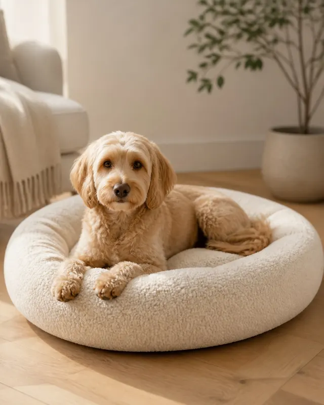 A golden retriever puppy curled in an oatmeal boucle round bolster pet bed on a sisal rug, warm afternoon light, gazing softly at camera.