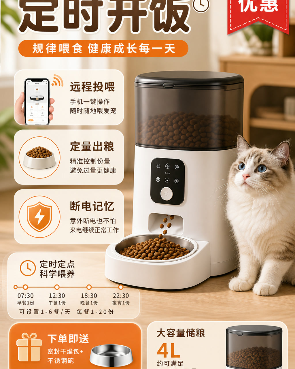 智能喂食器促销图，主文案为「定时开饭」，卖点为「远程投喂、定量出粮、断电记忆」。