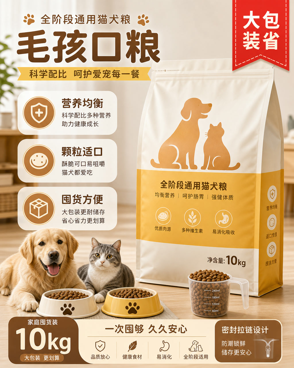 宠物粮囤货图，主文案为「毛孩口粮」，卖点为「营养均衡、颗粒适口、囤货方便」。